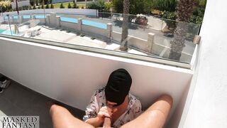 Public Oral-job on Sunny Balcony makes him cum fast, during the time that strangers walking by during his ejaculation