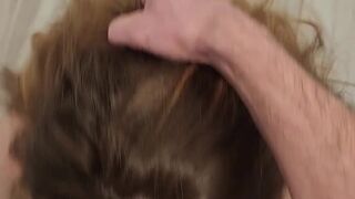 Curvy redhead gets on her knees and swallows for the 1st time