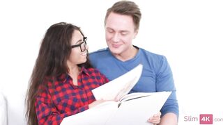 Slender brunette hair with firm tits gets banged sideways and overspread in spunk