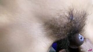 Slim Gal with Hirsute Snatch and lengthy labia at 1st Time Interracial Sex with Unfathomable Cum inside with Creampie Drink