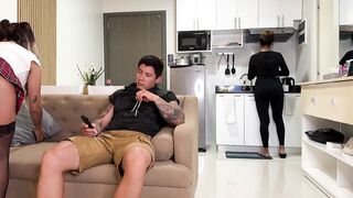 Nasty college angel bangs her mama's boyfriend on the bed in front of her!