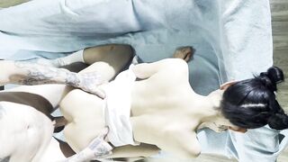 White chap bangs hawt Oriental hotty from behind, doggystyle, top view.