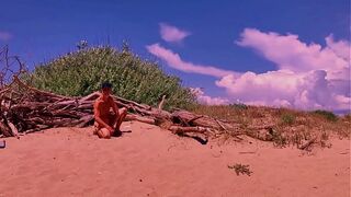 nude pathetic white serf uninhibited masturbate his uncut penis at the homosexual beach, CMNM
