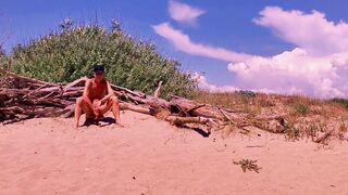 nude pathetic white serf uninhibited masturbate his uncut penis at the homosexual beach, CMNM