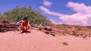 nude pathetic white serf uninhibited masturbate his uncut penis at the homosexual beach, CMNM