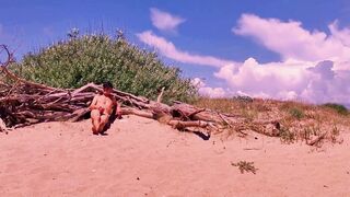 nude pathetic white serf uninhibited masturbate his uncut penis at the homosexual beach, CMNM