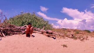 nude pathetic white serf uninhibited masturbate his uncut penis at the homosexual beach, CMNM