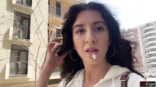 Beauty Asks to Cum on Her Face for CumWalk on the Streets - Public Oral sex