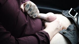 Solo tattoed dude masturbating in car, NEARLY GOT CAUGHT, people drove by me