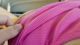 Slutty Stepsister in the Car allows Me to Play with Her Large Tits and Hard Nipps