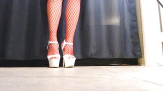 Hawt Spiked White High Heels Red Fishnet Nylons