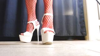Hawt Spiked White High Heels Red Fishnet Nylons