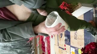 At work piddled in female boss coffee cup in the back of the truck watched her swallow it sweat panties