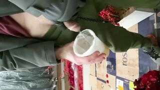 At work piddled in female boss coffee cup in the back of the truck watched her swallow it sweat panties