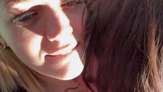 Close up POV of real lesbo pair giving a kiss