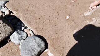 a in nature's garb stranger on a nudist beach masturbates a duet and then sucks a weenie in public