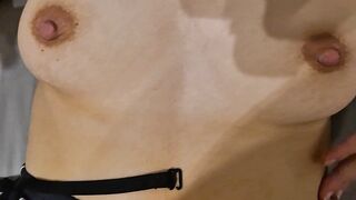 My intimate wench jerking me off, and I cum on her titties