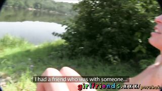 Girlfriends Sexy brunette hair licks lesbo lovers cunt in public