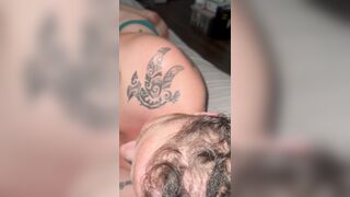 Tatted dread head swallows whilst sitting in her face