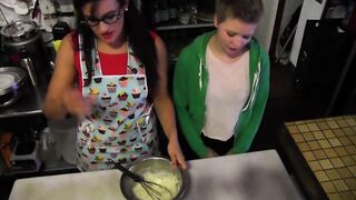 1st time youthful clerk tempted in a bakery by the lesbo boss and banged behind the counter