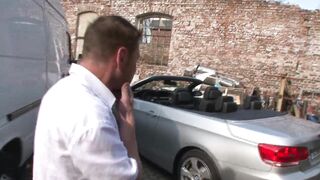 The aged lewd lady screws with the track drive in her car