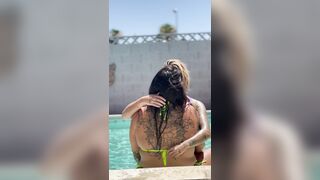 Hot lesbo makeout with back tattoo visible