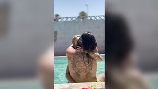Hot lesbo makeout with back tattoo visible