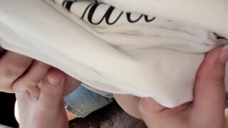 Risky Tugjob in the Car by a Large Melons and Butt Gal