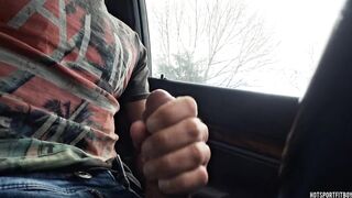 Hawt chap touching his large penis in the car with people passing by and watching - nearly caught