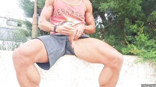 Exhibitionist pair masturbates in public places - that babe jerks off a large dick and touches her cunt