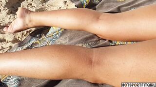 Hot cutie in nature's garb on the beach. My boyfriend likes to show my booty gap and snatch in public places