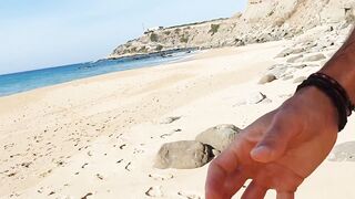 Fitness pair disrobe on a public beach and masturbate with people watching