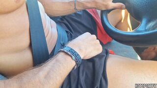 Hawt Dude drives whilst masturbating his large schlong, gets tugjob and footjob from hot passenger