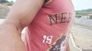 Nasty stud masturbating his large rod in a risky public place - Nearly Caught