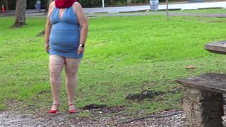 Pissing in public - breasty mother i'd like to fuck in mini costume showing off large wet booty and flashing snatch close up