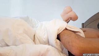 Hawt stud moving his haunches banging a fake booty in daybed until this guy cums