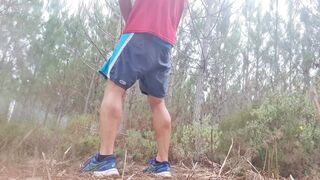 Carnal masturbation in public forest beneath rain