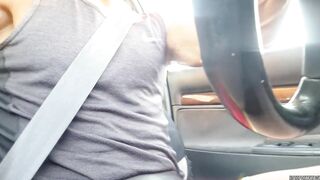 Hot exhibitionist jerks off in car in a risky way with people passing by