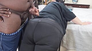 Hot Large Booty Curvy Blond mother I'd like to fuck In Yoga Panties Twerking & Teasing Ebony Dude, Jerking, Cum On Booty
