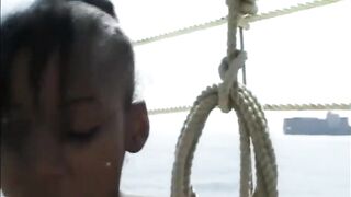 Pretty ebony body on the large white penis...ebony and white on the yacht