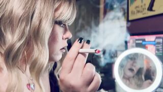 Smoke In The Mirror - Pretty Blond Cougar Tina Snua Smokin' 1 cigarette With Lots Of Smoke - Smoker