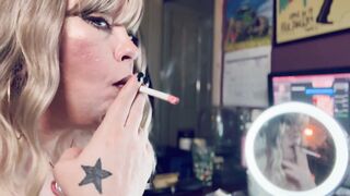 Smoke In The Mirror - Pretty Blond Cougar Tina Snua Smokin' 1 cigarette With Lots Of Smoke - Smoker