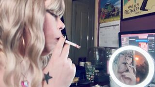 Smoke In The Mirror - Pretty Blond Cougar Tina Snua Smokin' 1 cigarette With Lots Of Smoke - Smoker