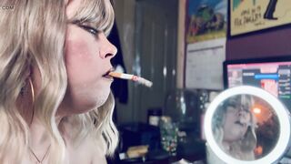 Smoke In The Mirror - Pretty Blond Cougar Tina Snua Smokin' 1 cigarette With Lots Of Smoke - Smoker