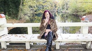 T-girl Headmistress NaomiPerv relaxing in the fall woods during the time that enjoying a smoke!