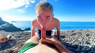 Sucking a large rod with a drank and gives cum in a constricted butt on a stripped beach