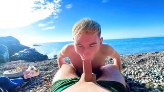 Sucking a large rod with a drank and gives cum in a constricted butt on a stripped beach