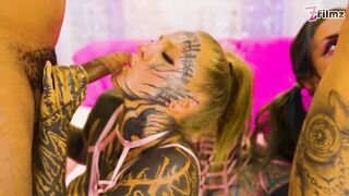 Heavily Tattooed Chicks Share BBC & White Ramrod in Group Mayhem