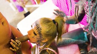 Heavily Tattooed Chicks Share BBC & White Ramrod in Group Mayhem
