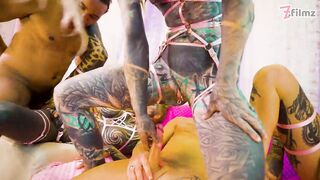 Heavily Tattooed Chicks Share BBC & White Ramrod in Group Mayhem